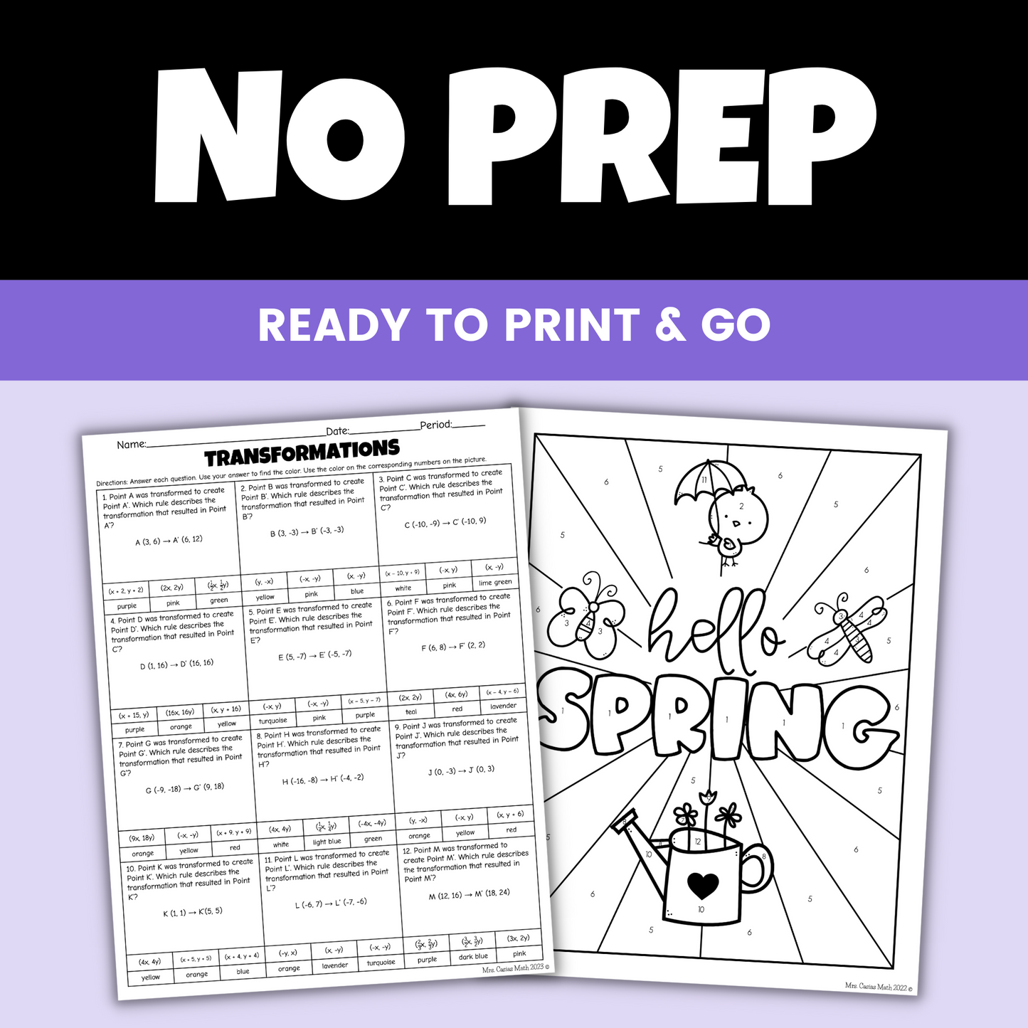 Spring Middle School Math Activity Transformations Coloring Worksheet
