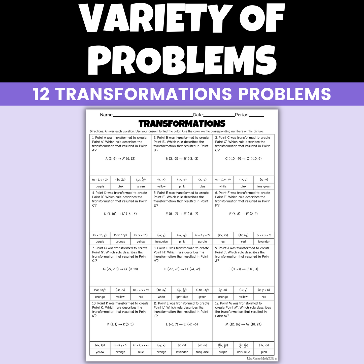 Spring Middle School Math Activity Transformations Coloring Worksheet