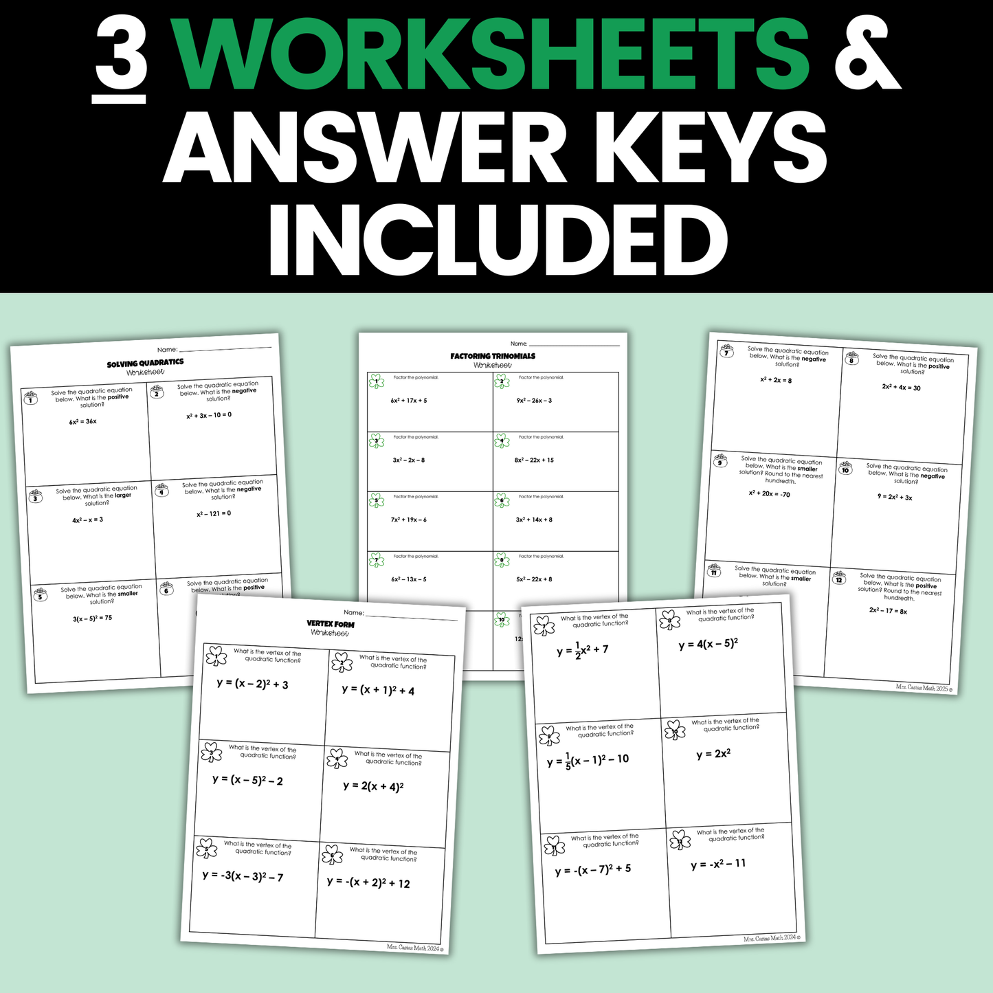 Algebra 1 St Patricks Day Activities Google Sheets Digital & Worksheets BUNDLE