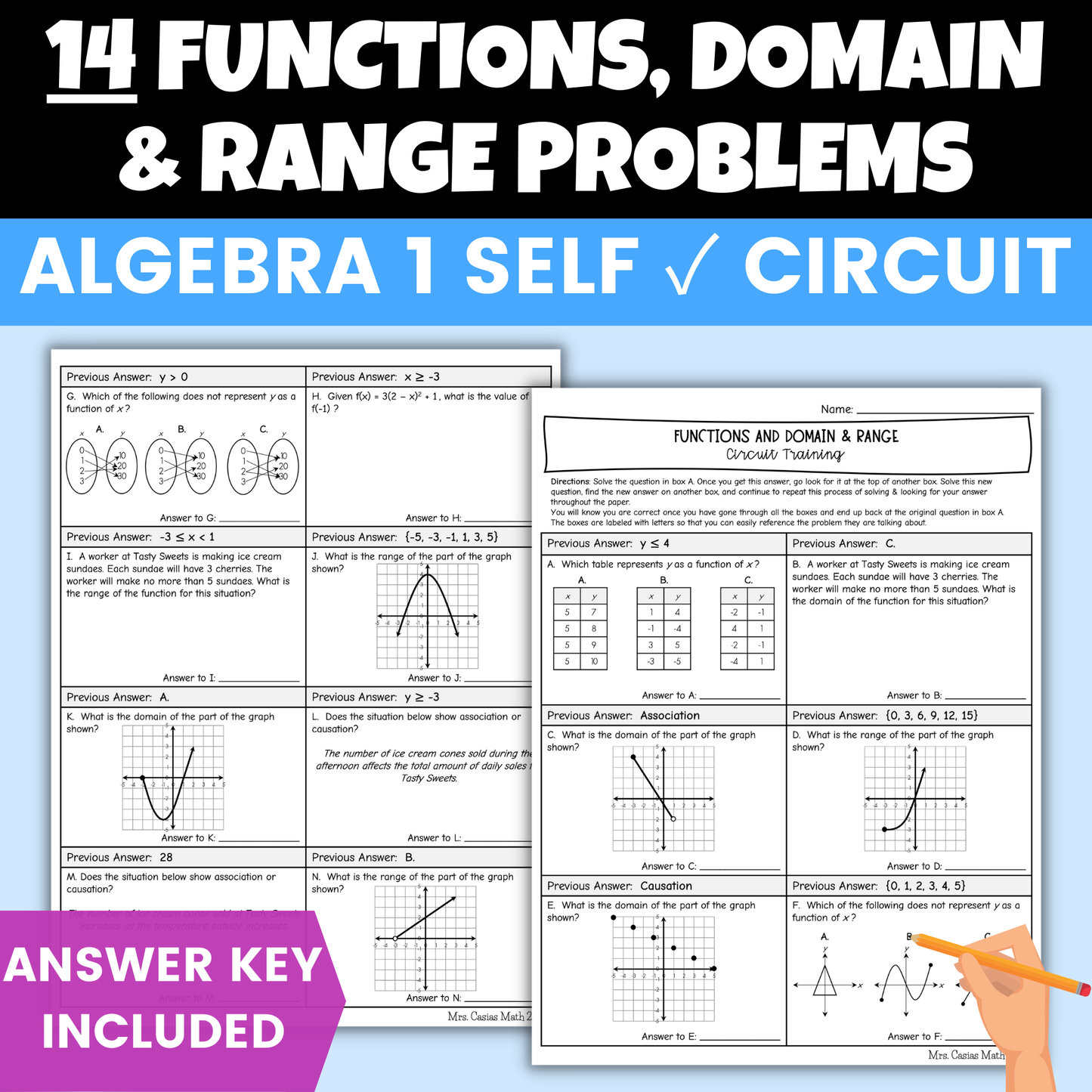 Functions and Domain and Range Worksheet Self Checking Circuit Activity