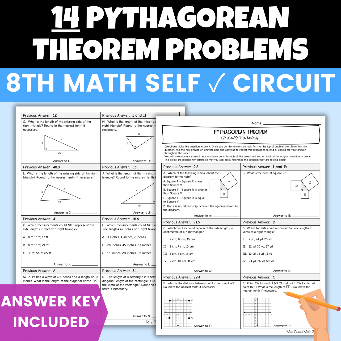 Pythagorean Theorem Worksheet Self Checking Circuit Activity 8th Grade Math