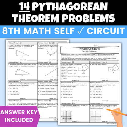 Pythagorean Theorem Worksheet Self Checking Circuit Activity 8th Grade Math