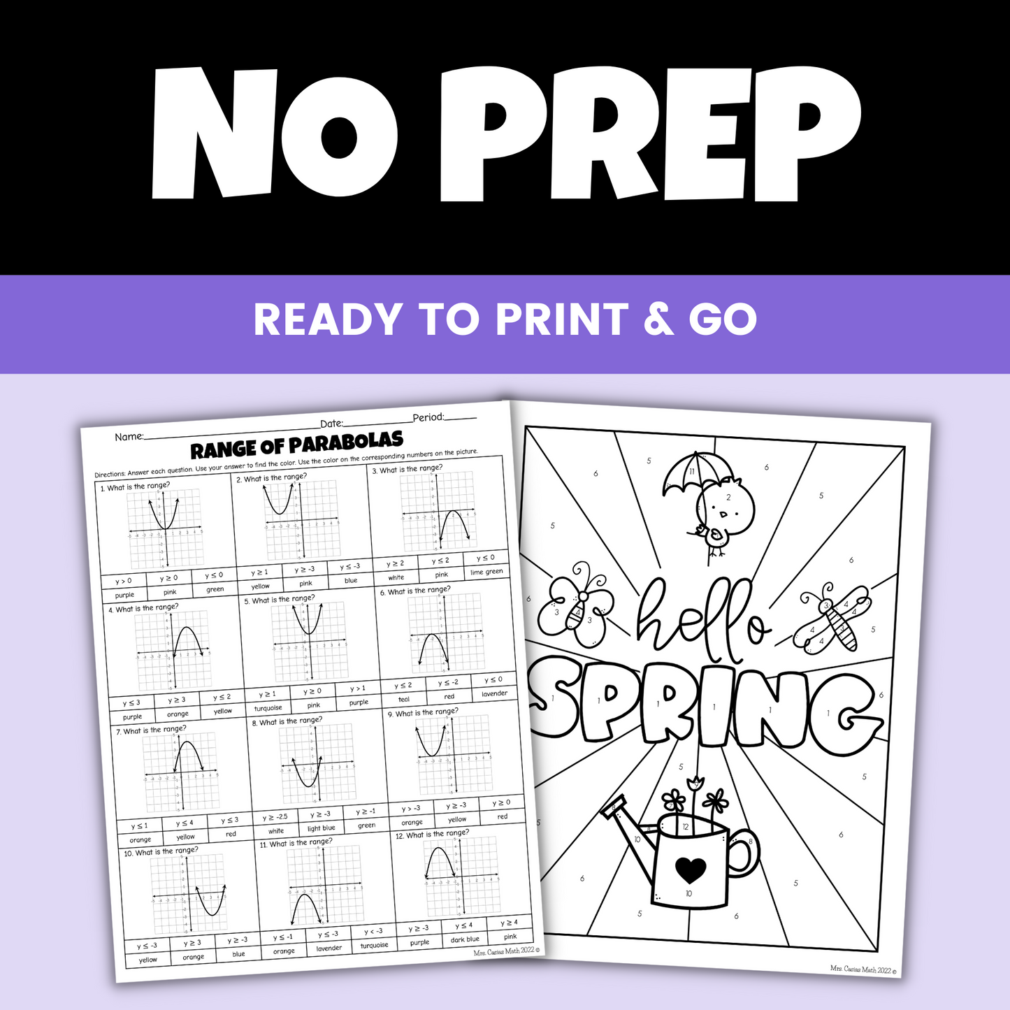 Spring Algebra 1 Activity Range of Parabolas Coloring Worksheet