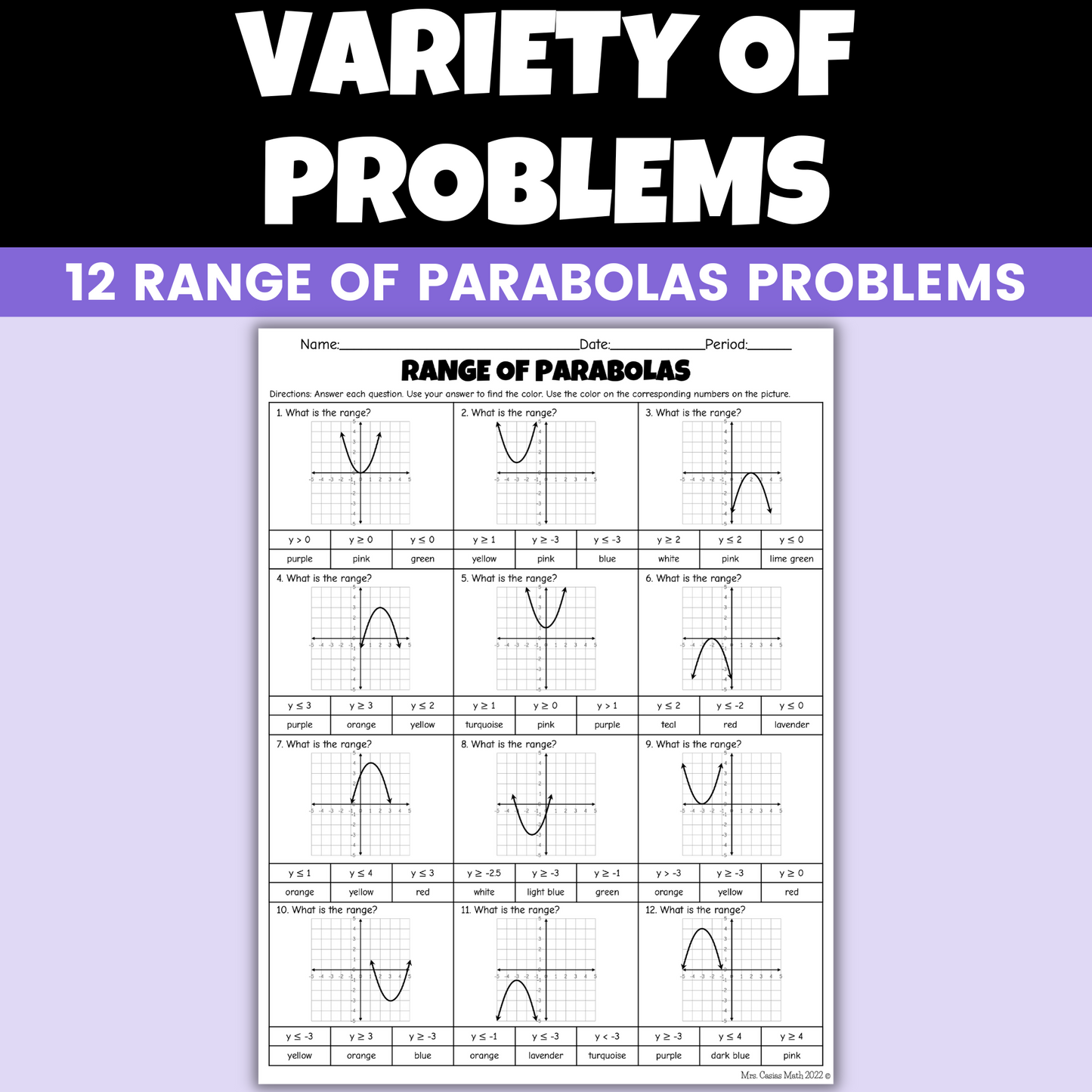 Spring Algebra 1 Activity Range of Parabolas Coloring Worksheet
