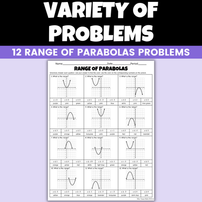 Spring Algebra 1 Activity Range of Parabolas Coloring Worksheet