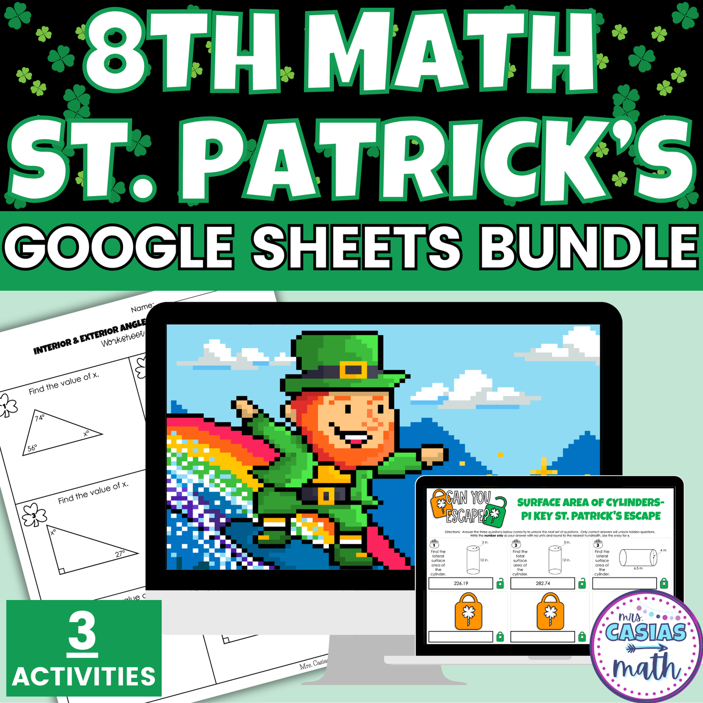 8th Grade Math St Patricks Activities Google Sheets Digital & Worksheets BUNDLE