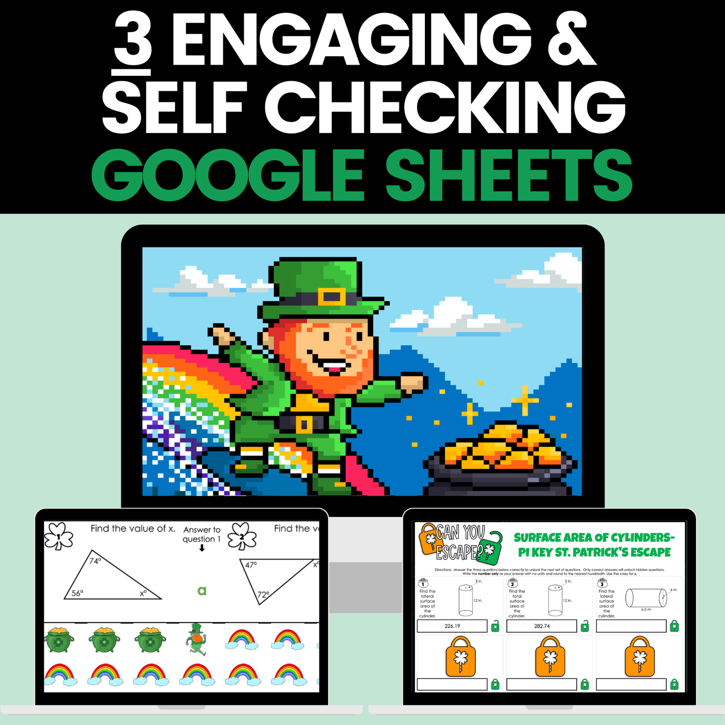 8th Grade Math St Patricks Activities Google Sheets Digital & Worksheets BUNDLE