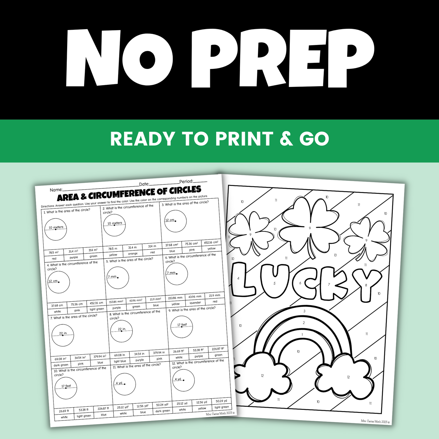 St Patricks Day Math Activity Area Circumference of Circles Color Worksheet