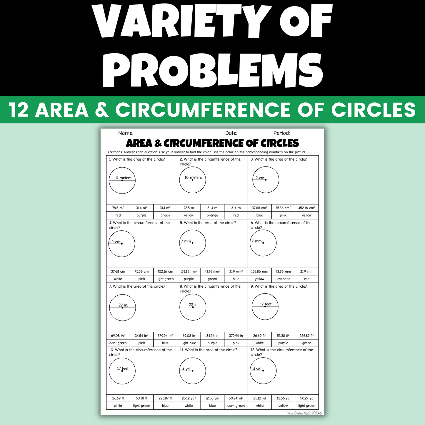 St Patricks Day Math Activity Area Circumference of Circles Color Worksheet