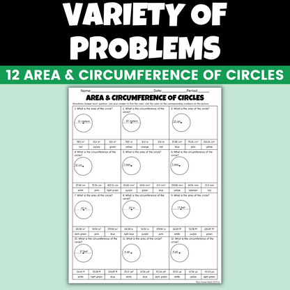 St Patricks Day Math Activity Area Circumference of Circles Color Worksheet