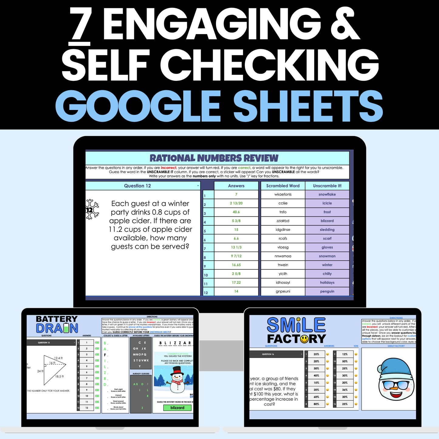 7th Grade Math Winter Activities Digital Google Sheets and Worksheets BUNDLE