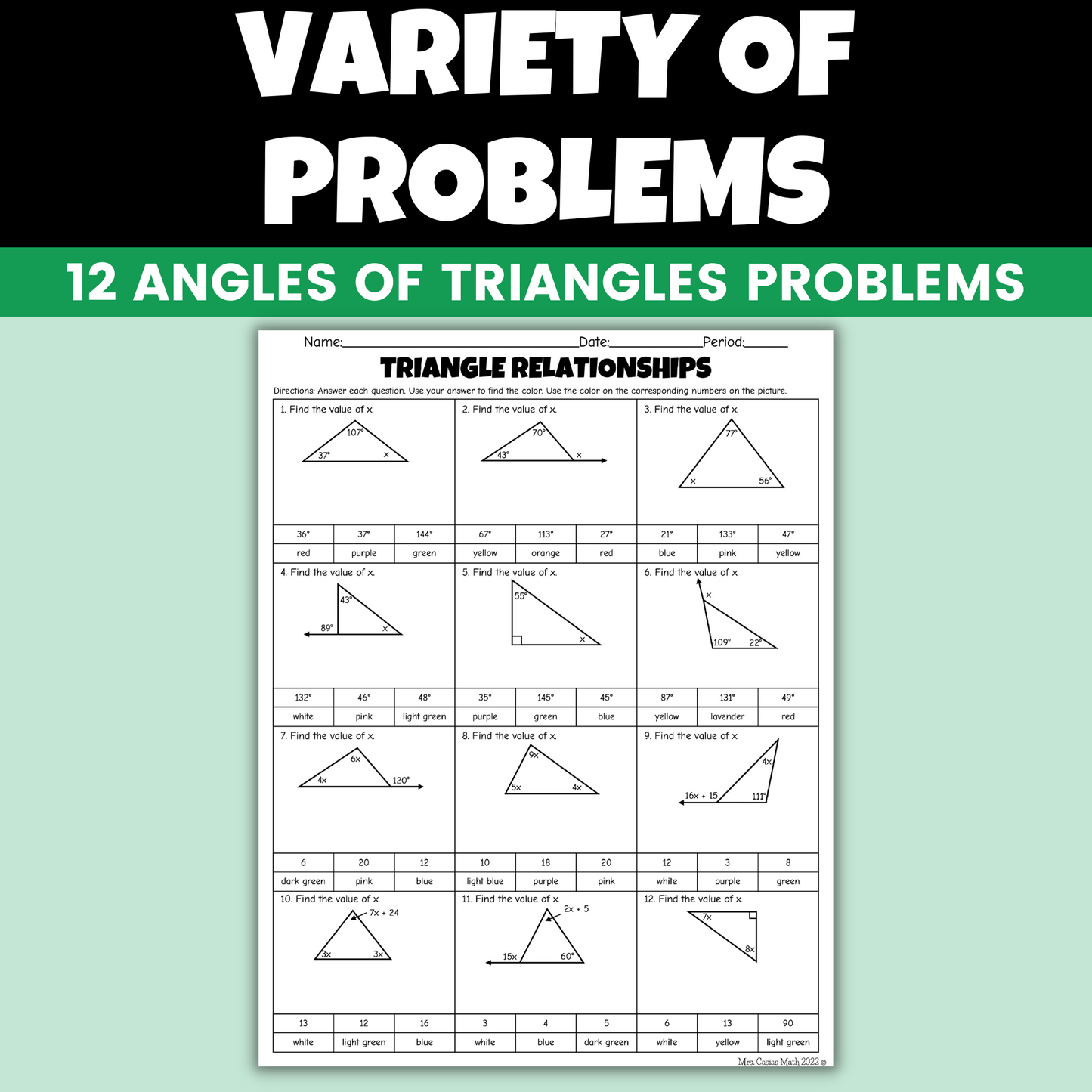St Patricks Day Middle School Math Activity Angles of Triangles Color Worksheet
