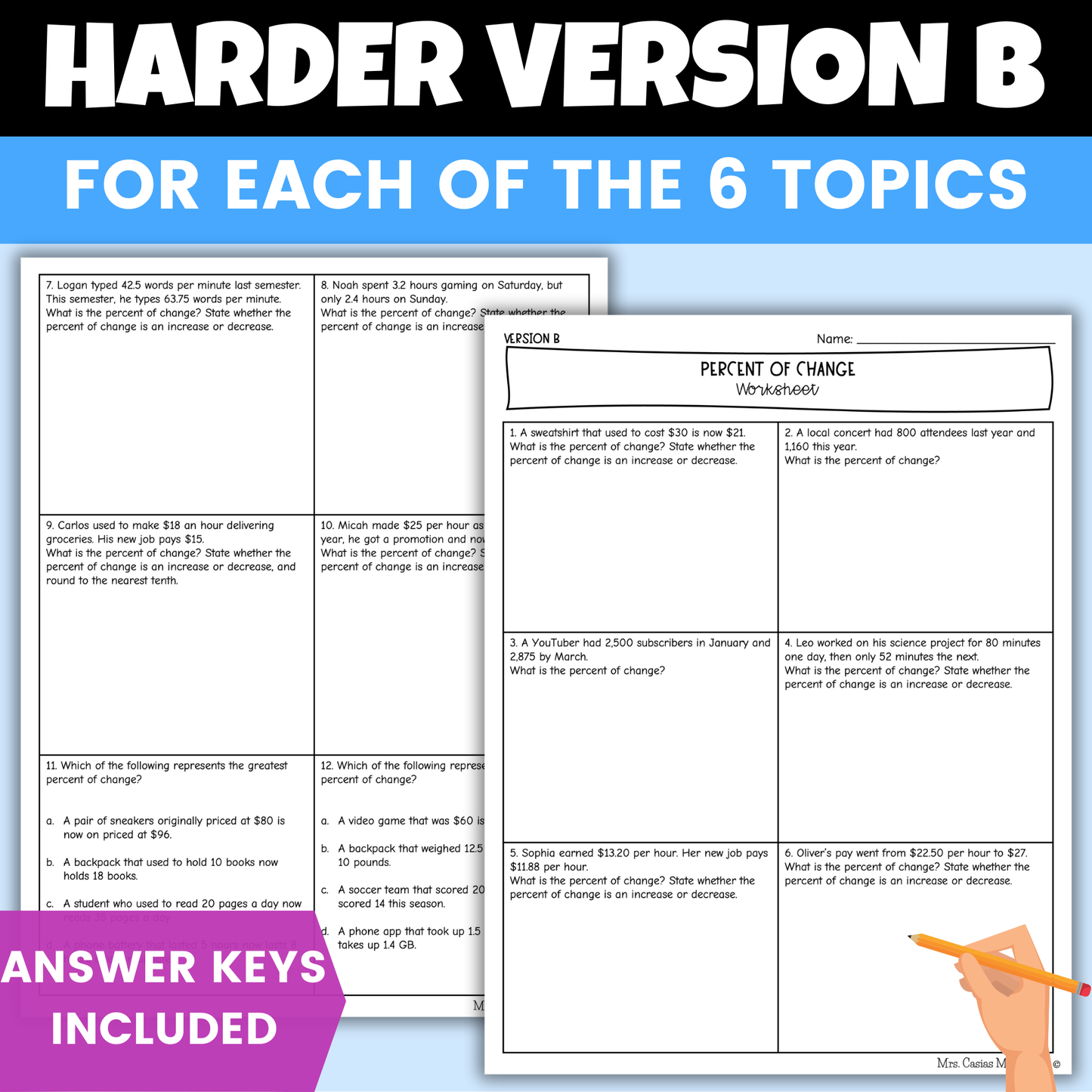 Percent Proportion and Percent of Change Differentiated Worksheets BUNDLE 7th Grade Math