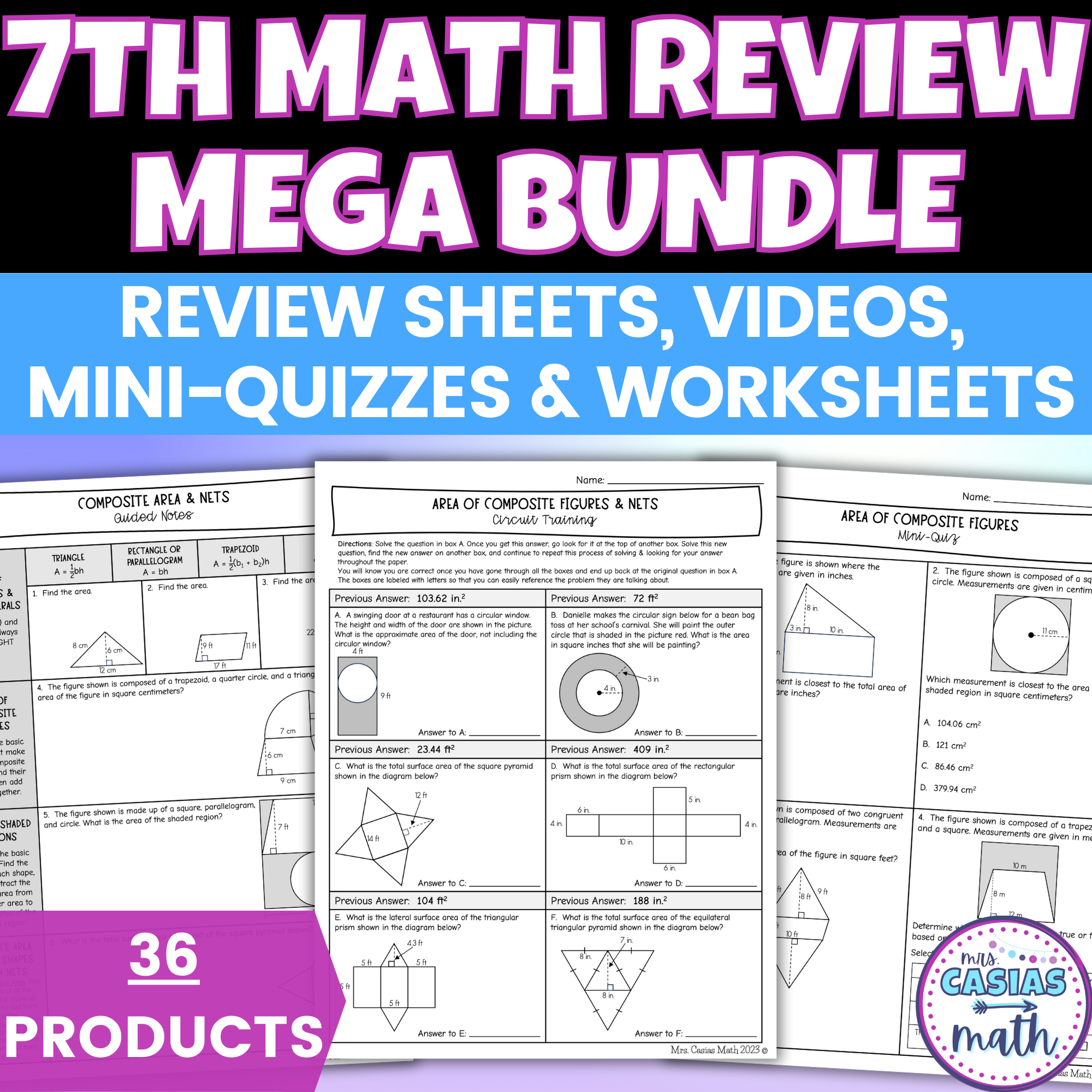 7th Grade Math STAAR Review BUNDLE - Review Sheets, Mini Quizzes, Work ...