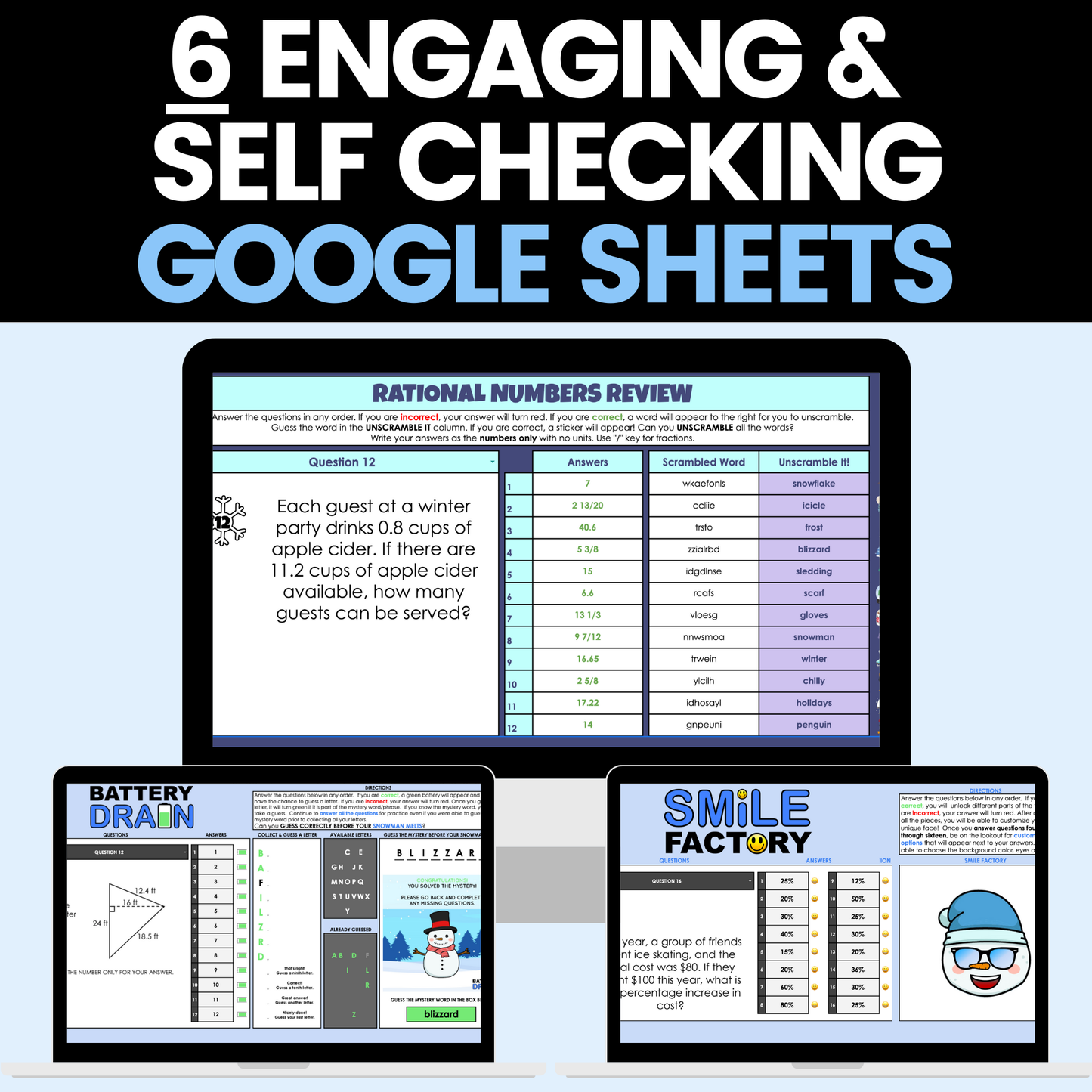 7th Grade Math Winter Activities Digital Google Sheets and Worksheets BUNDLE