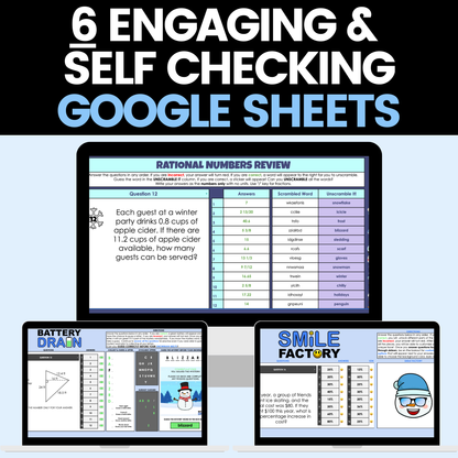 7th Grade Math Winter Activities Digital Google Sheets and Worksheets BUNDLE