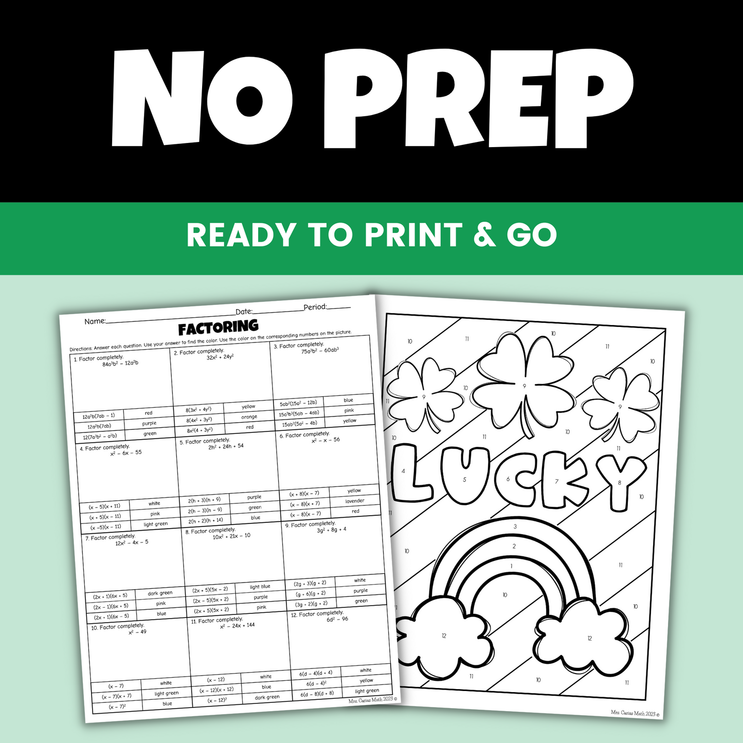 St Patricks Day Algebra 1 Activity Factoring Polynomials Coloring Worksheet
