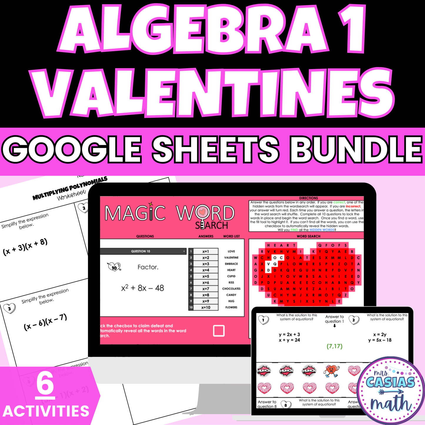 Algebra 1 Valentines Day Activities Digital and Worksheets BUNDLE