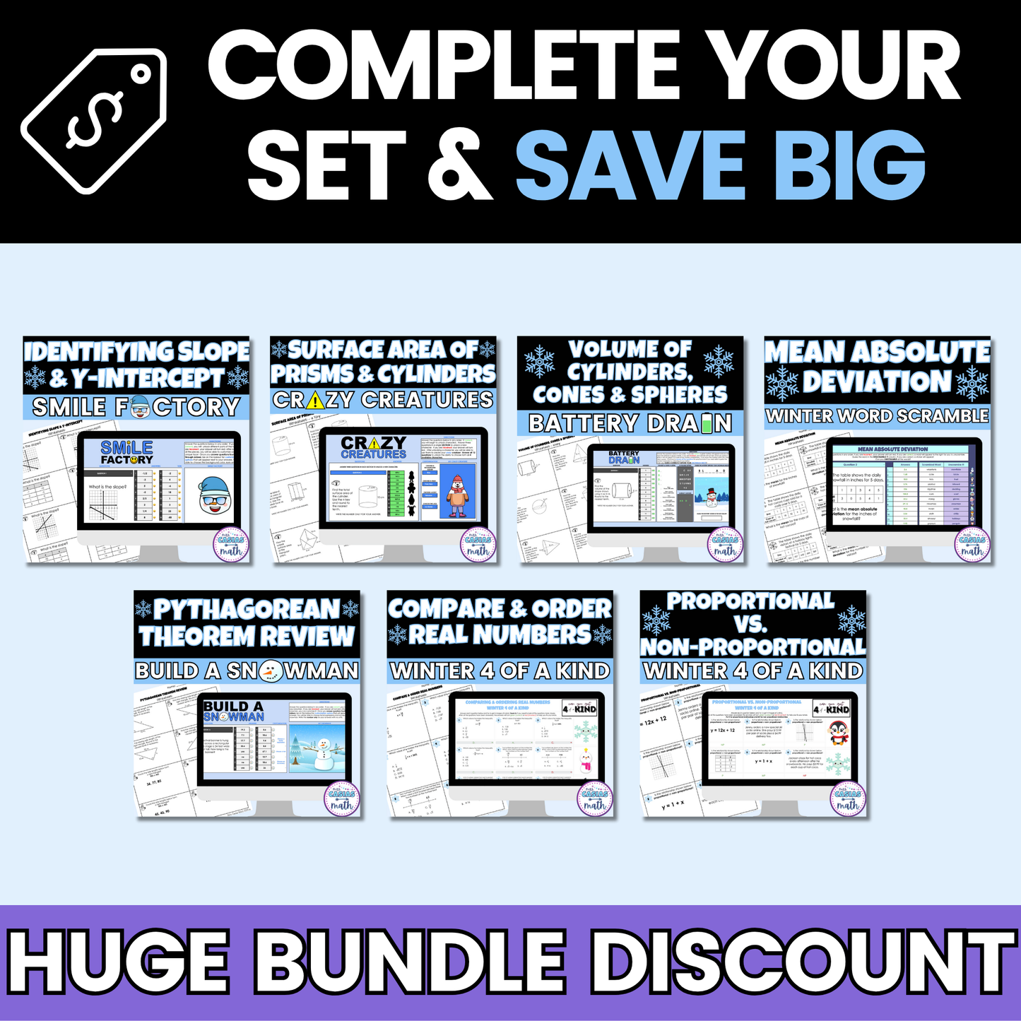 8th Grade Math Winter Activities Google Sheets and Worksheets BUNDLE