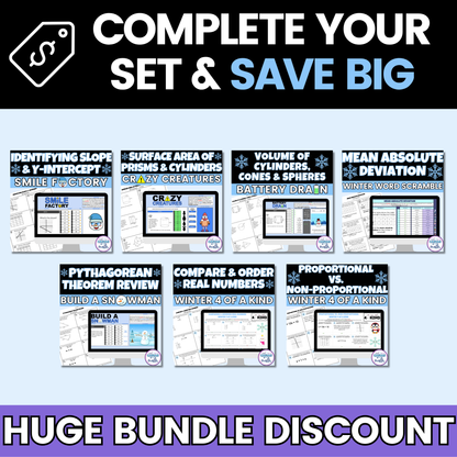 8th Grade Math Winter Activities Google Sheets and Worksheets BUNDLE