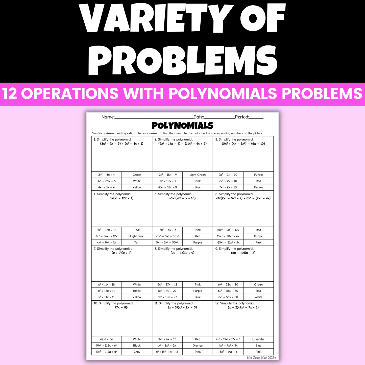 Valentine's Day Algebra 1 Activity Polynomials Coloring Worksheet