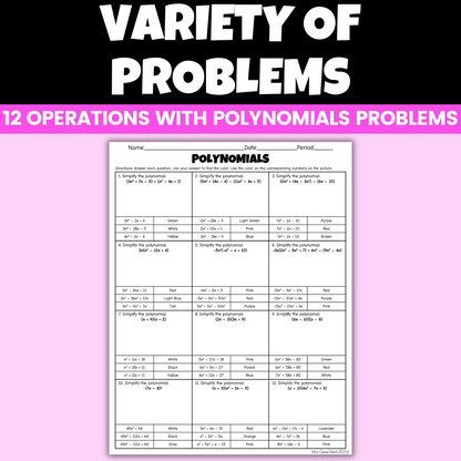Valentine's Day Algebra 1 Activity Polynomials Coloring Worksheet