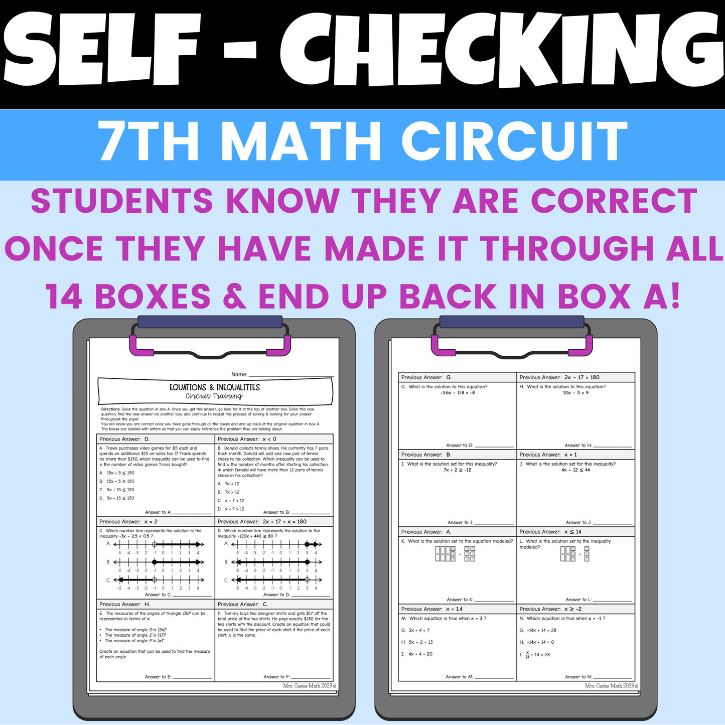 Two Step Equations & Inequalities Worksheet Self Checking Activity 7th Math
