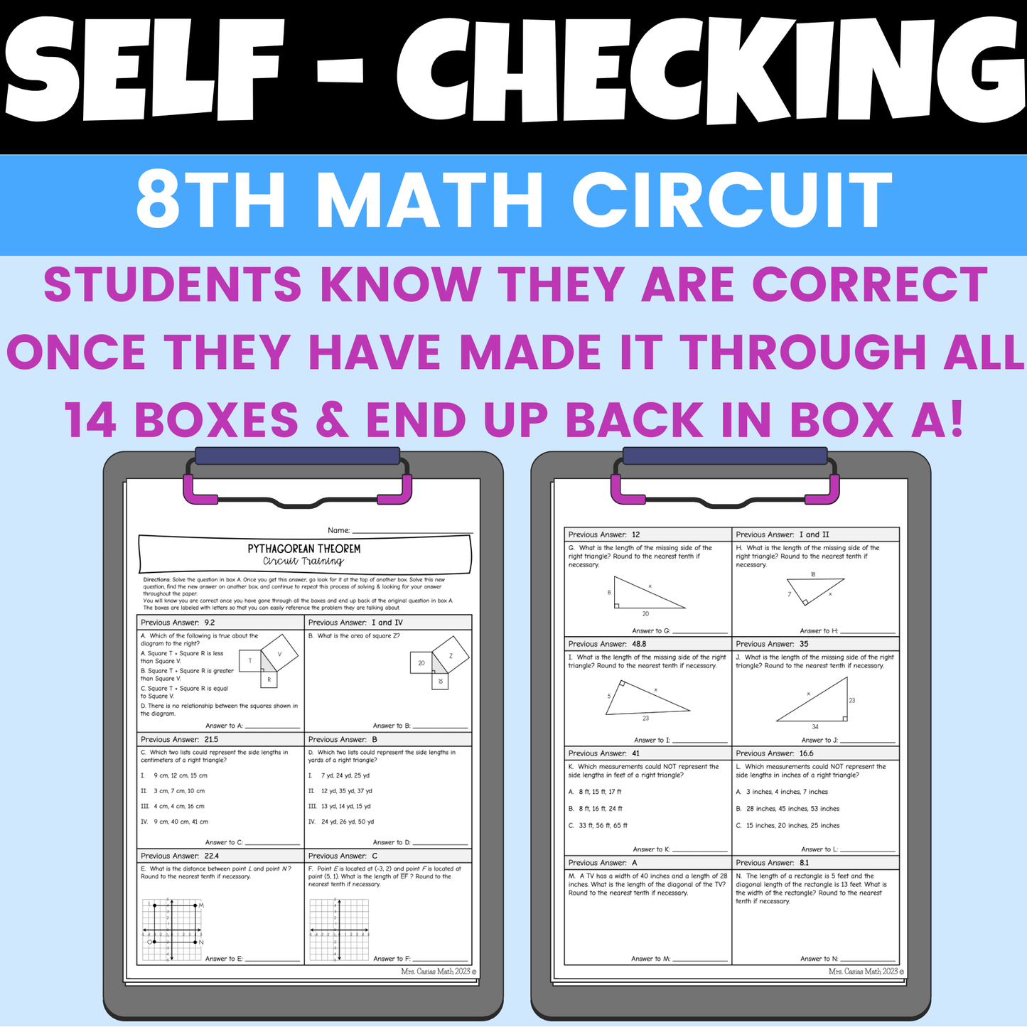 Pythagorean Theorem Worksheet Self Checking Circuit Activity 8th Grade Math