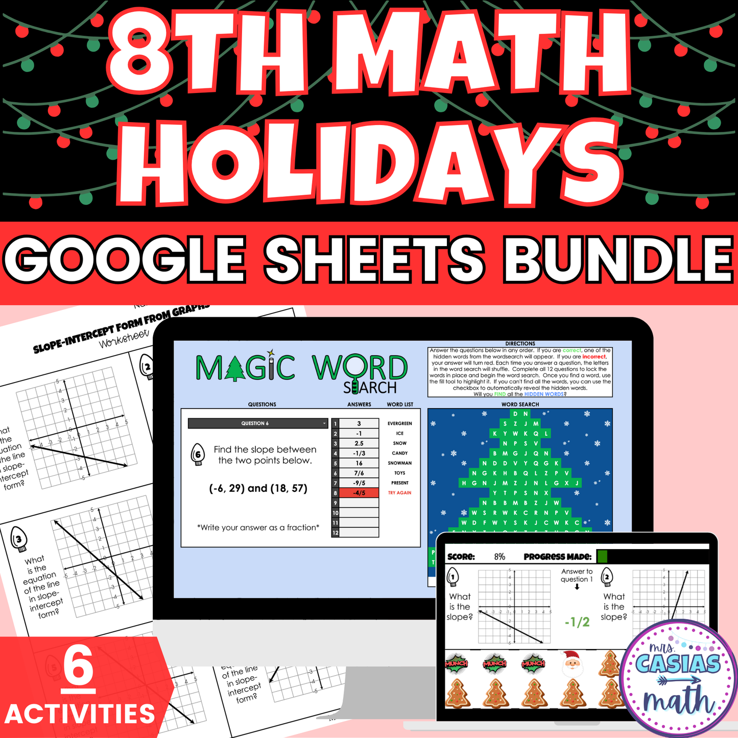 8th Grade Math Christmas Holiday Activities Digital and Worksheets BUNDLE