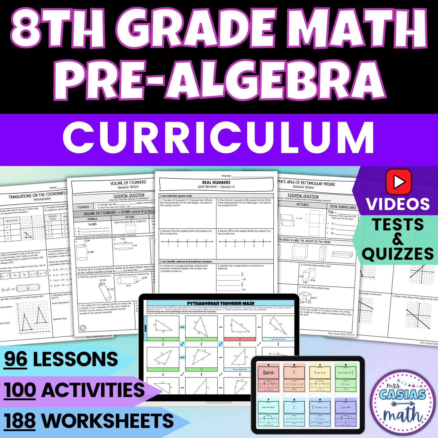 8th Grade Math Curriculum - Notes, Worksheets, Activities and Assessments BUNDLE Entire Year