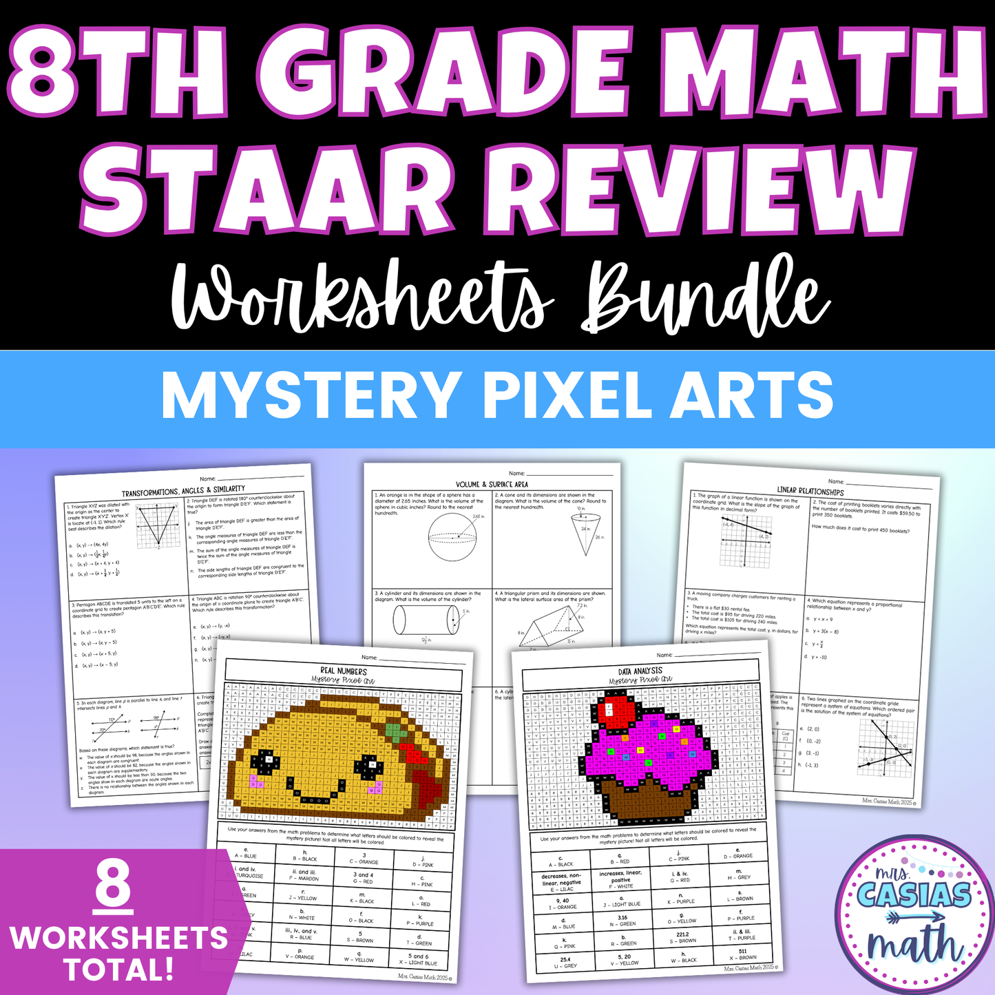 8th Grade Math STAAR Review End of Year Fun Worksheets BUNDLE Test Prep