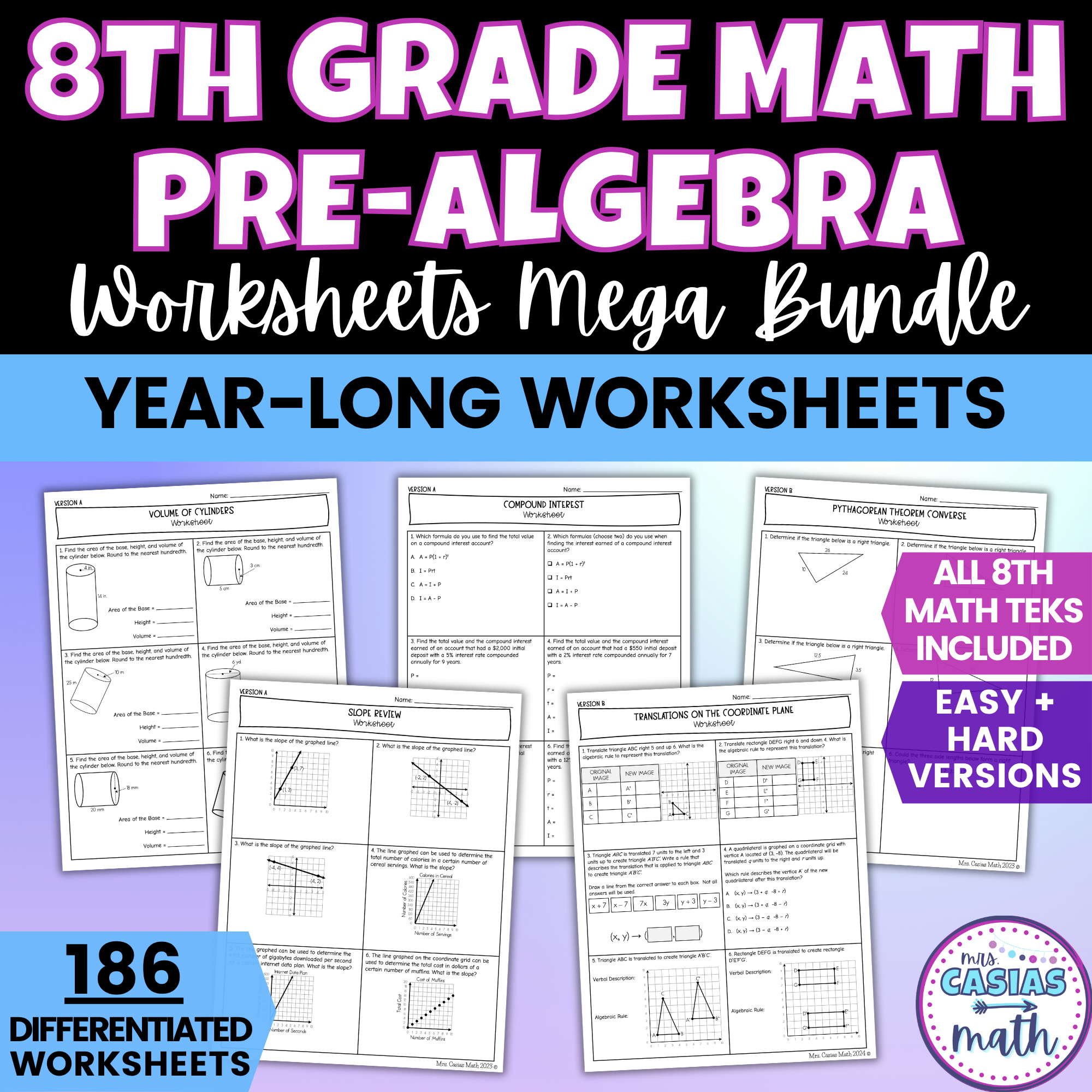 8th Grade Math Differentiated Worksheets BUNDLE Entire Year – Casias Math