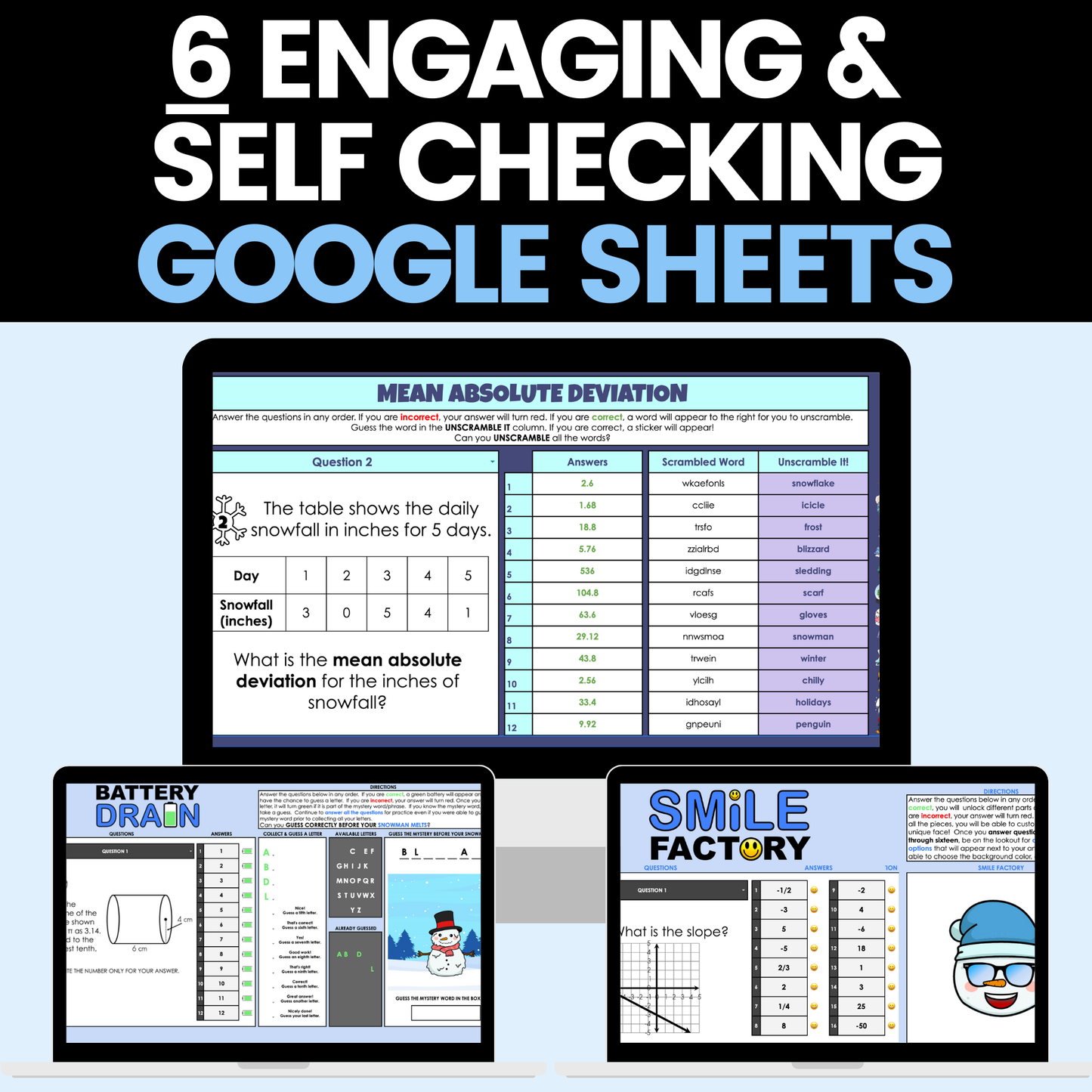 8th Grade Math Winter Activities Google Sheets and Worksheets BUNDLE