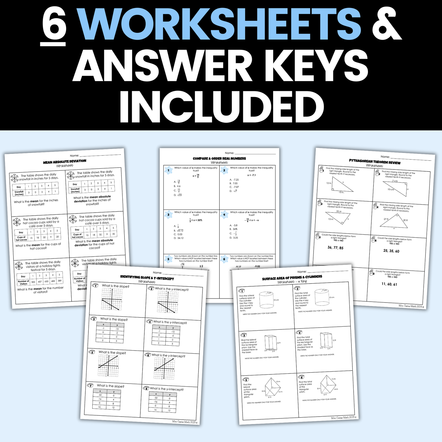 8th Grade Math Winter Activities Google Sheets and Worksheets BUNDLE