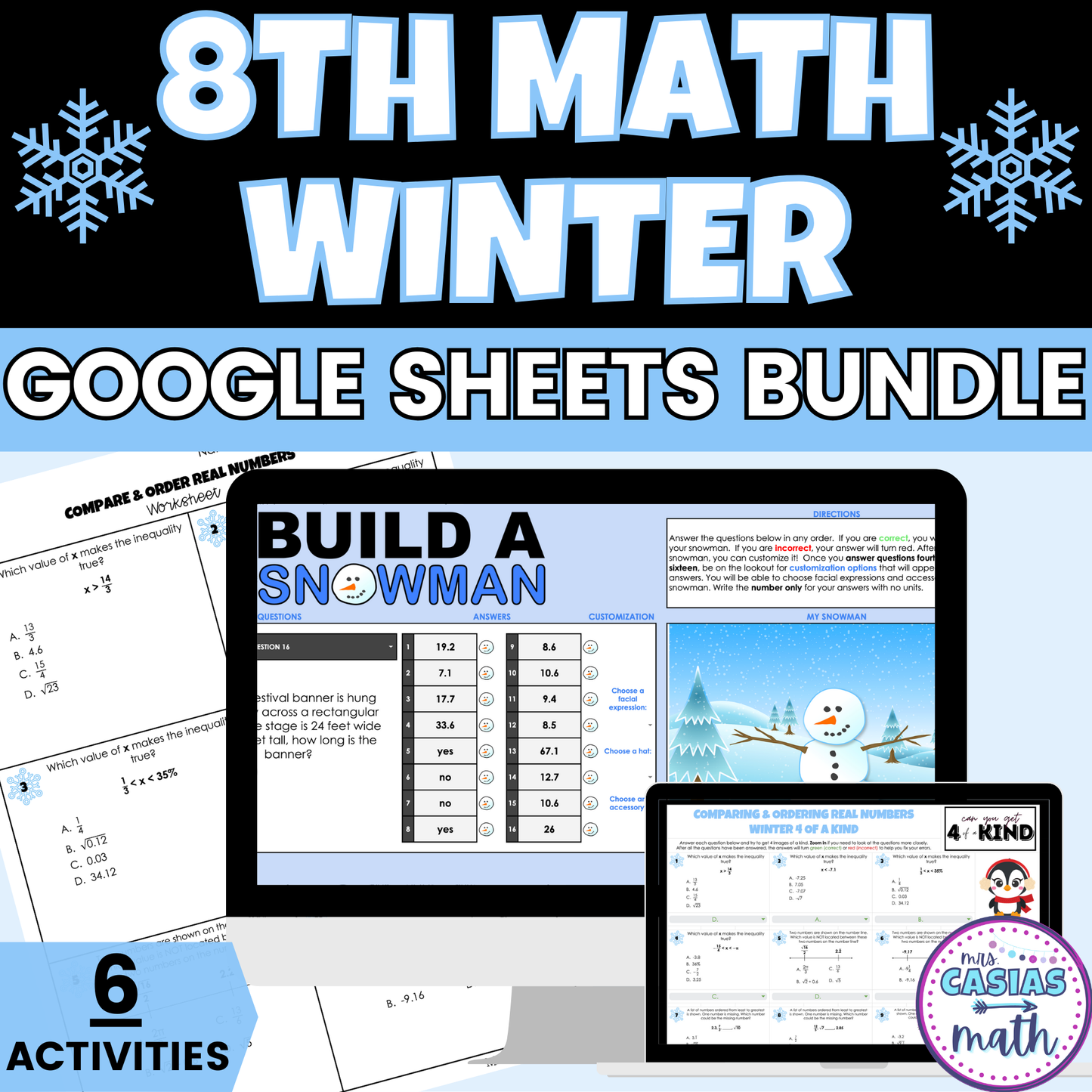 8th Grade Math Winter Activities Google Sheets and Worksheets BUNDLE