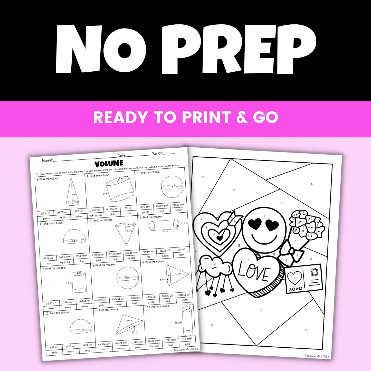 Valentines Day Math Activity Volume Cylinders Cones Spheres Coloring Worksheet