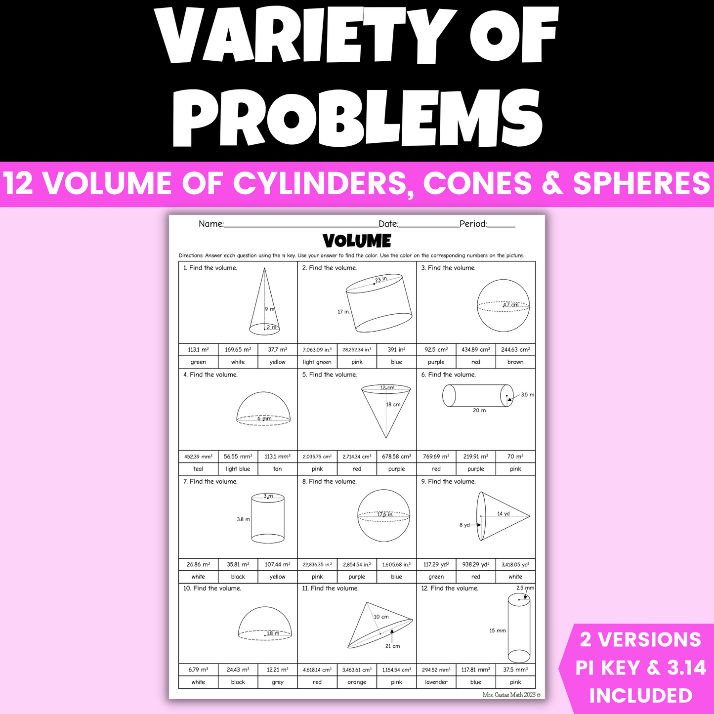 Valentines Day Math Activity Volume Cylinders Cones Spheres Coloring Worksheet