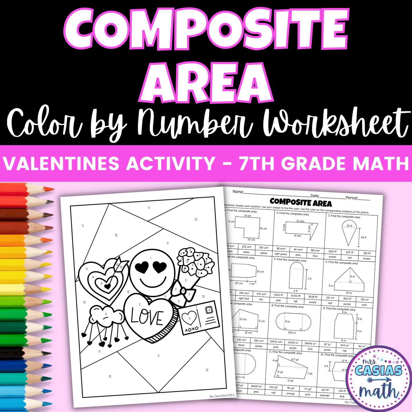 Valentines Day Math Activity Area of Composite Figures Coloring Worksheet