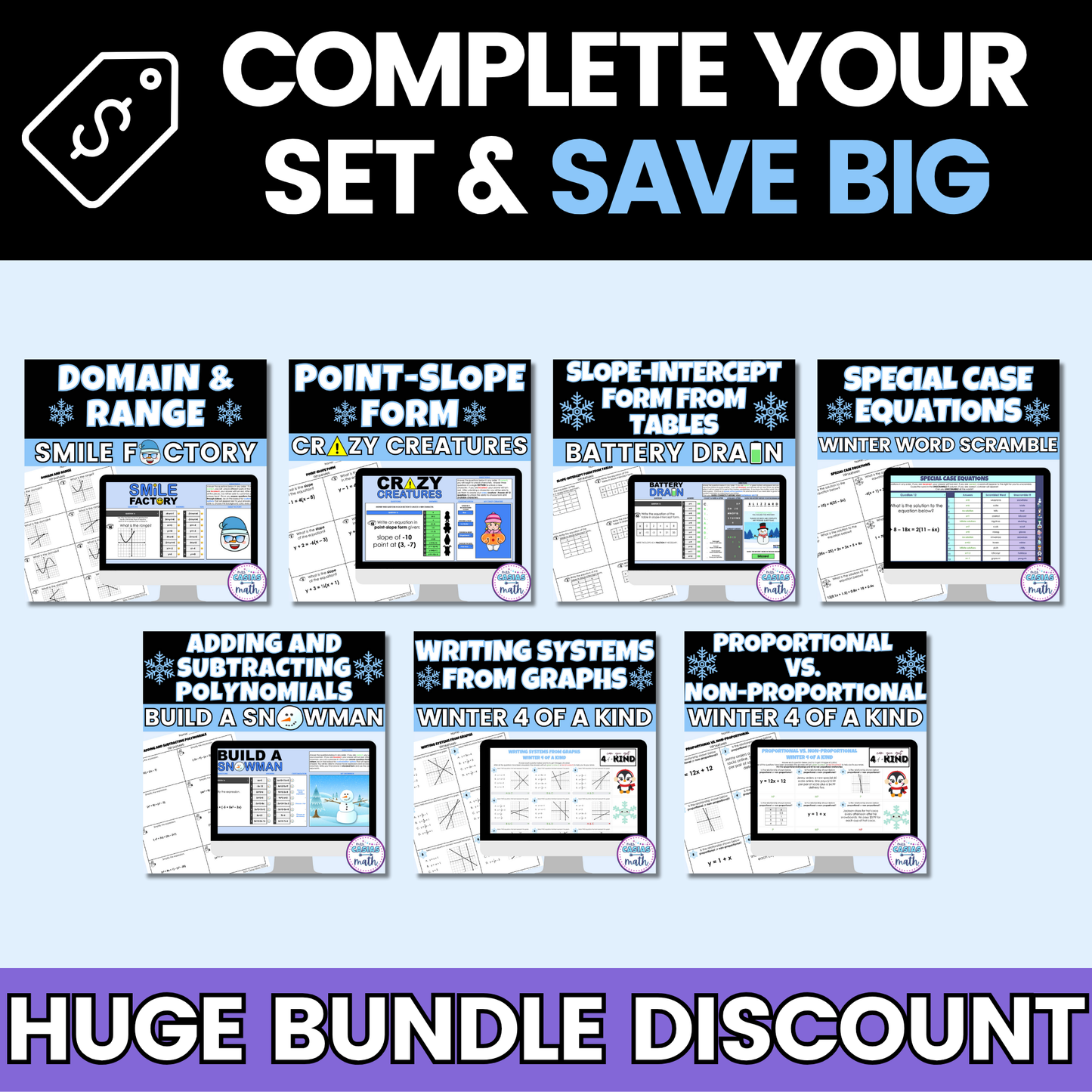 Algebra 1 Winter Activities Google Sheets and Worksheets BUNDLE