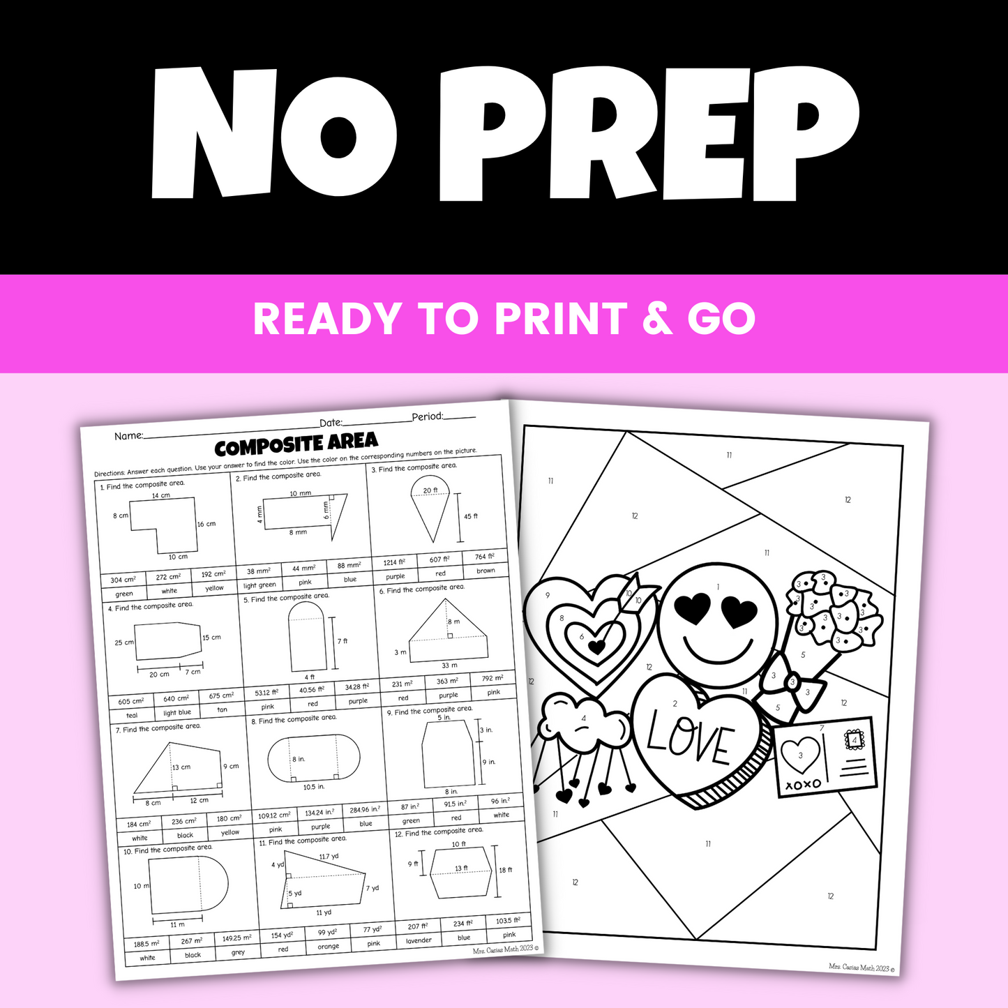 Valentines Day Math Activity Area of Composite Figures Coloring Worksheet