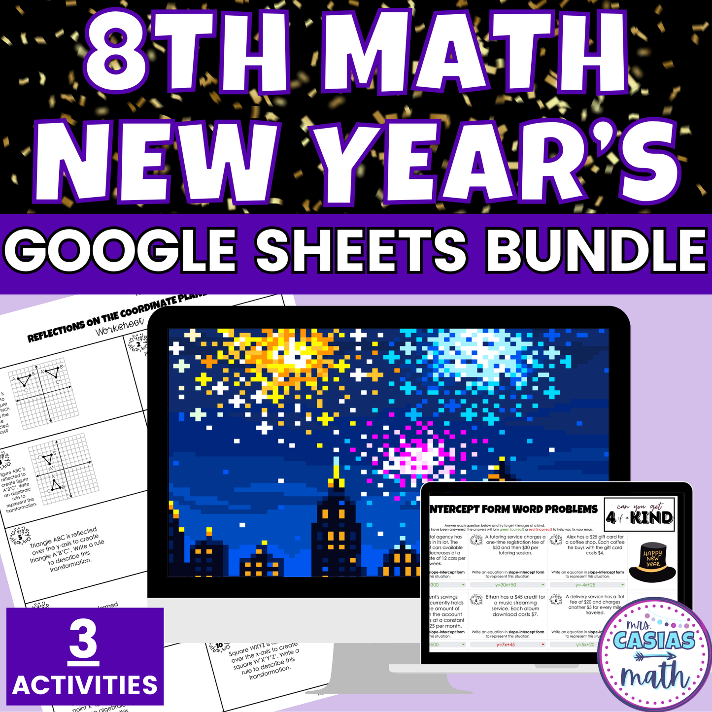8th Grade Math New Years Activities Google Sheets Digital and Worksheets BUNDLE