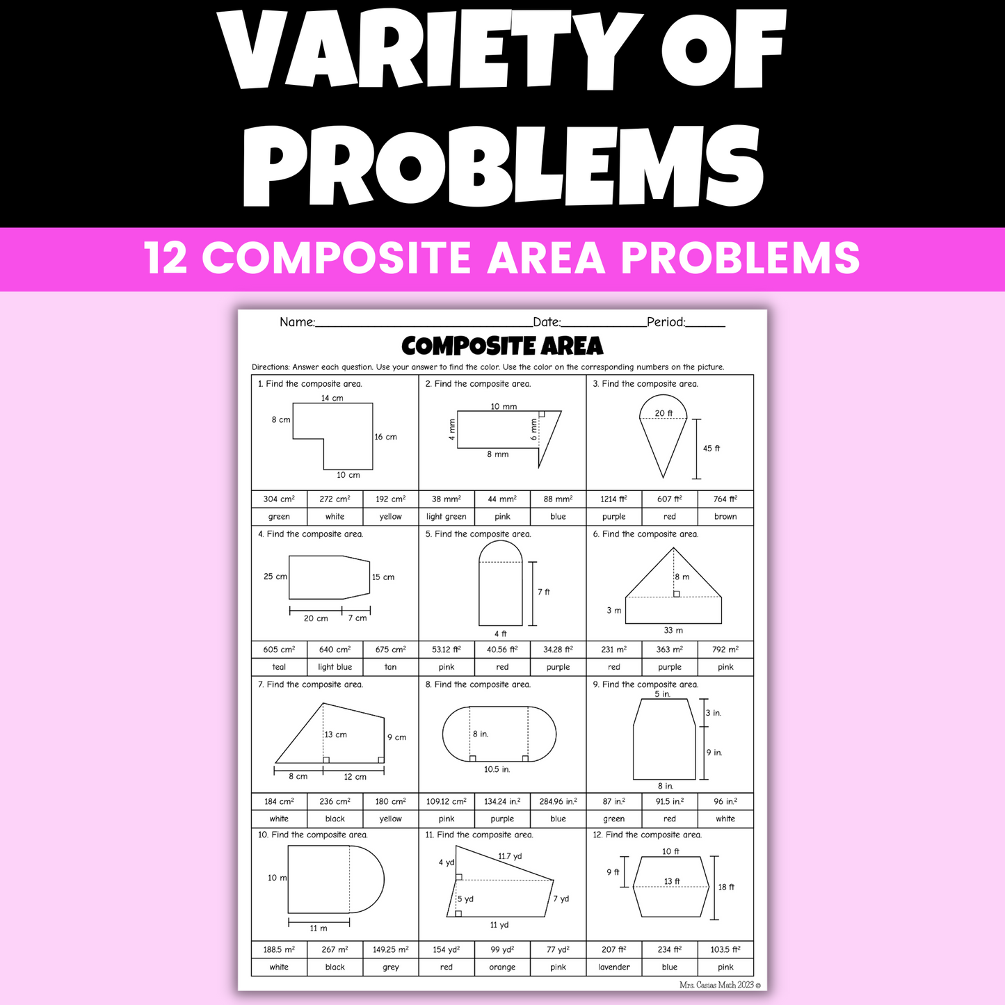 Valentines Day Math Activity Area of Composite Figures Coloring Worksheet