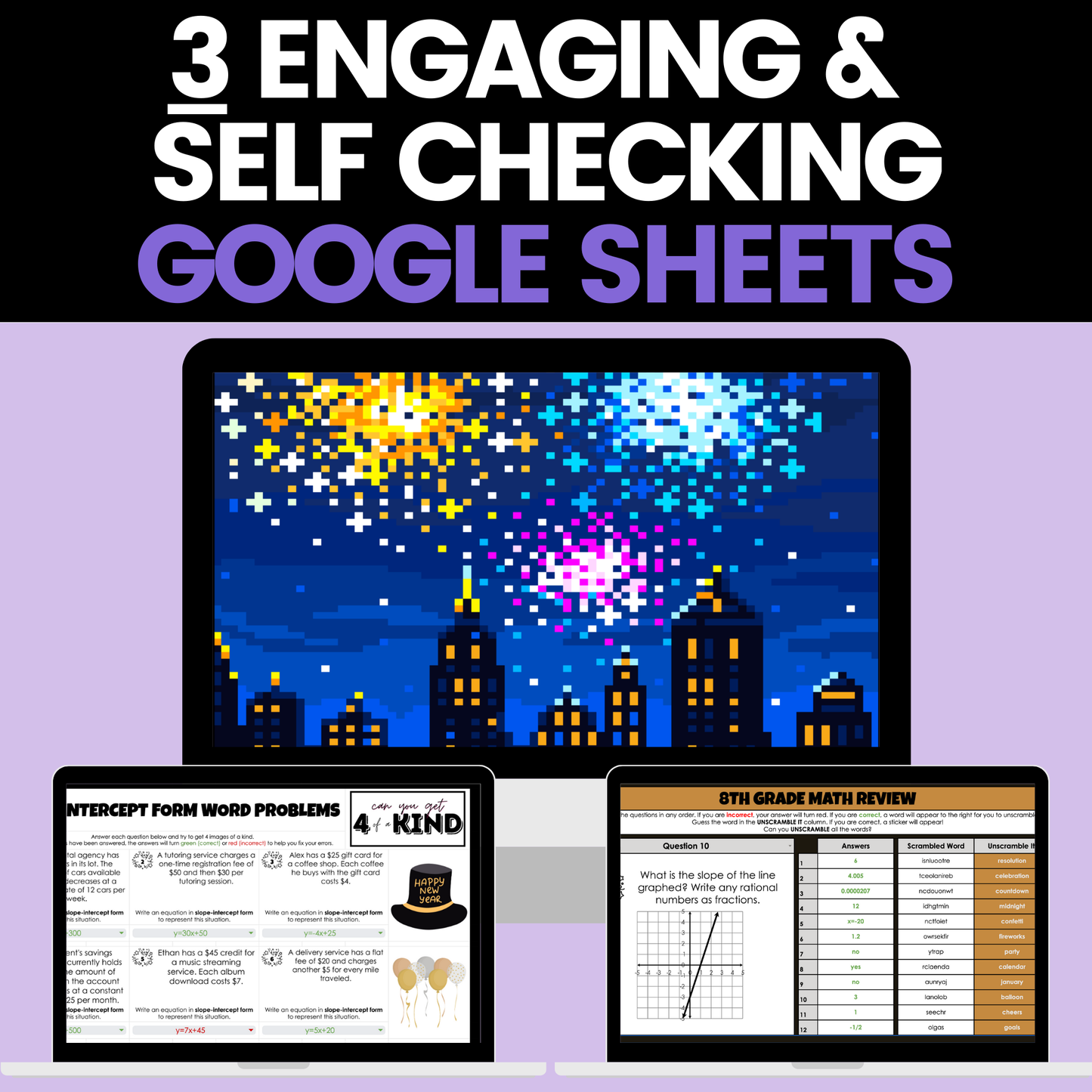 8th Grade Math New Years Activities Google Sheets Digital and Worksheets BUNDLE