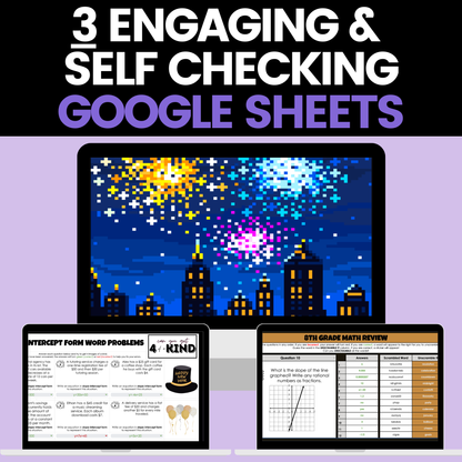 8th Grade Math New Years Activities Google Sheets Digital and Worksheets BUNDLE