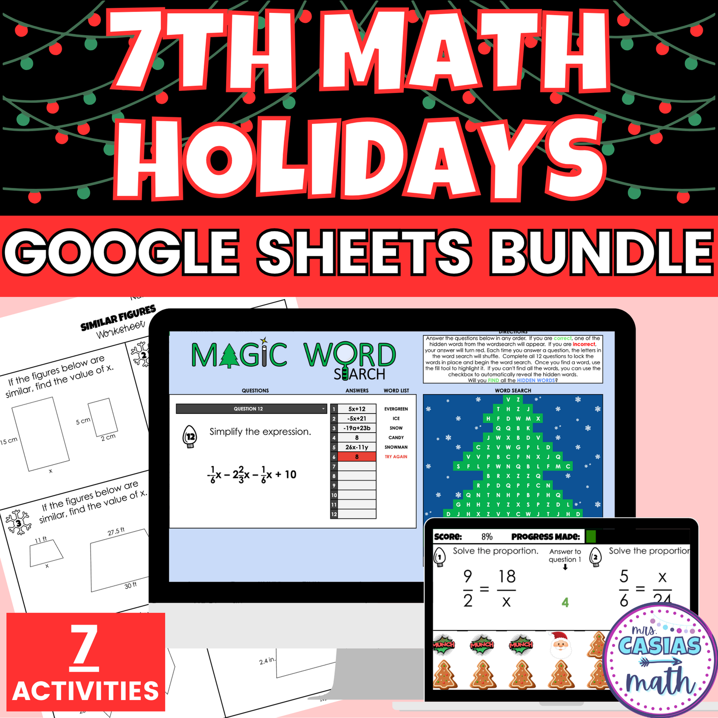 7th Grade Math Christmas Holiday Activities Digital and Worksheets BUNDLE
