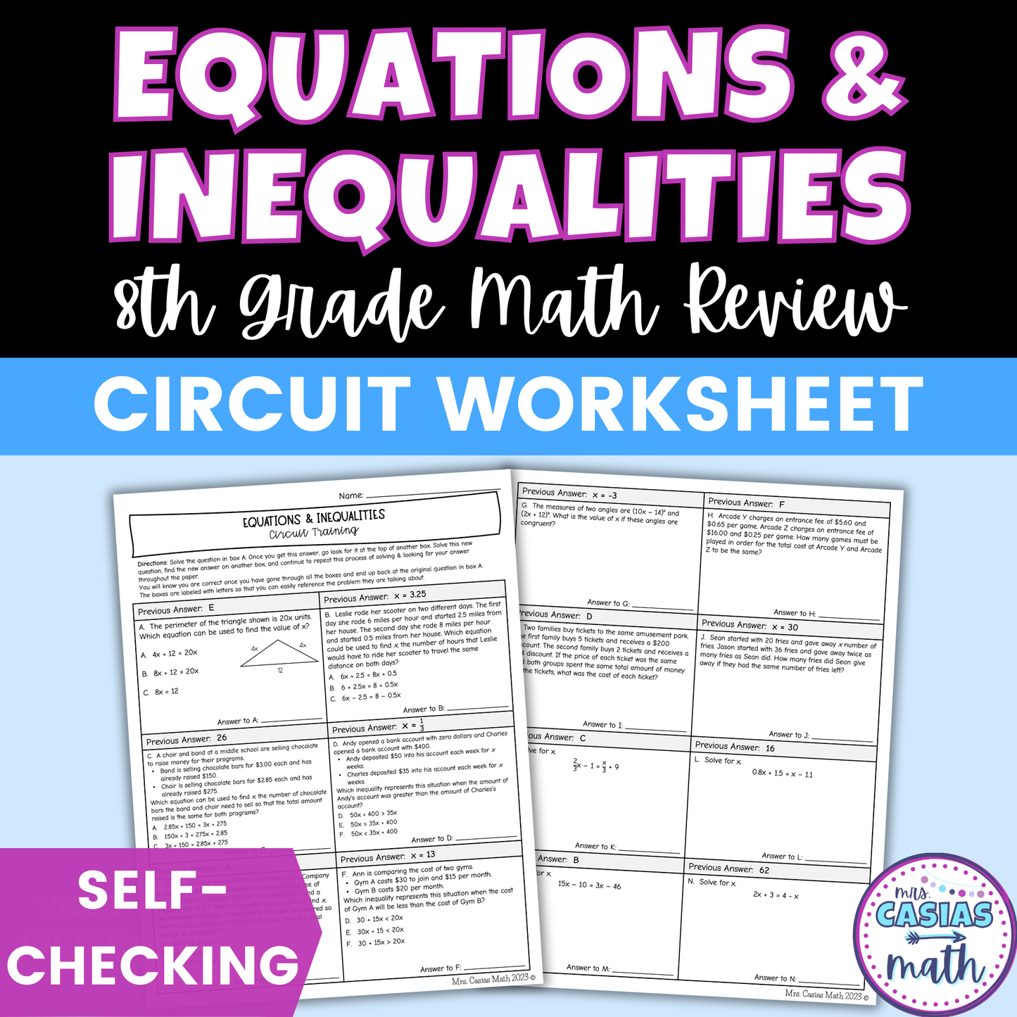 Equations & Inequalities Worksheet Self Checking Circuit Activity 8th Grade Math