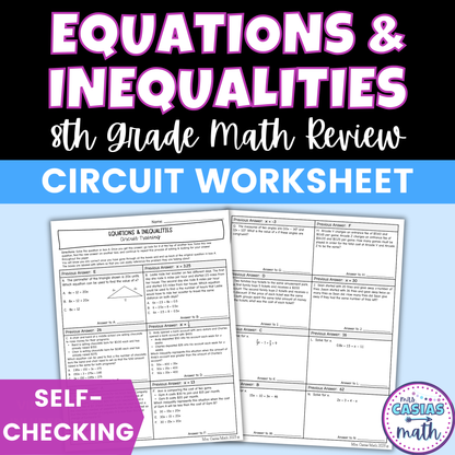 Equations & Inequalities Worksheet Self Checking Circuit Activity 8th Grade Math