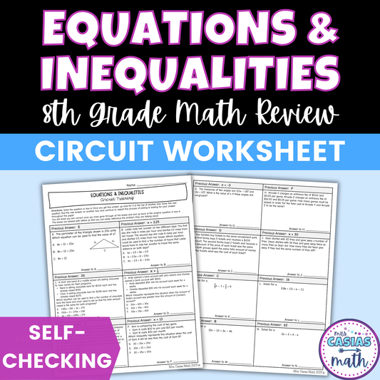 Equations & Inequalities Worksheet Self Checking Circuit Activity 8th Grade Math