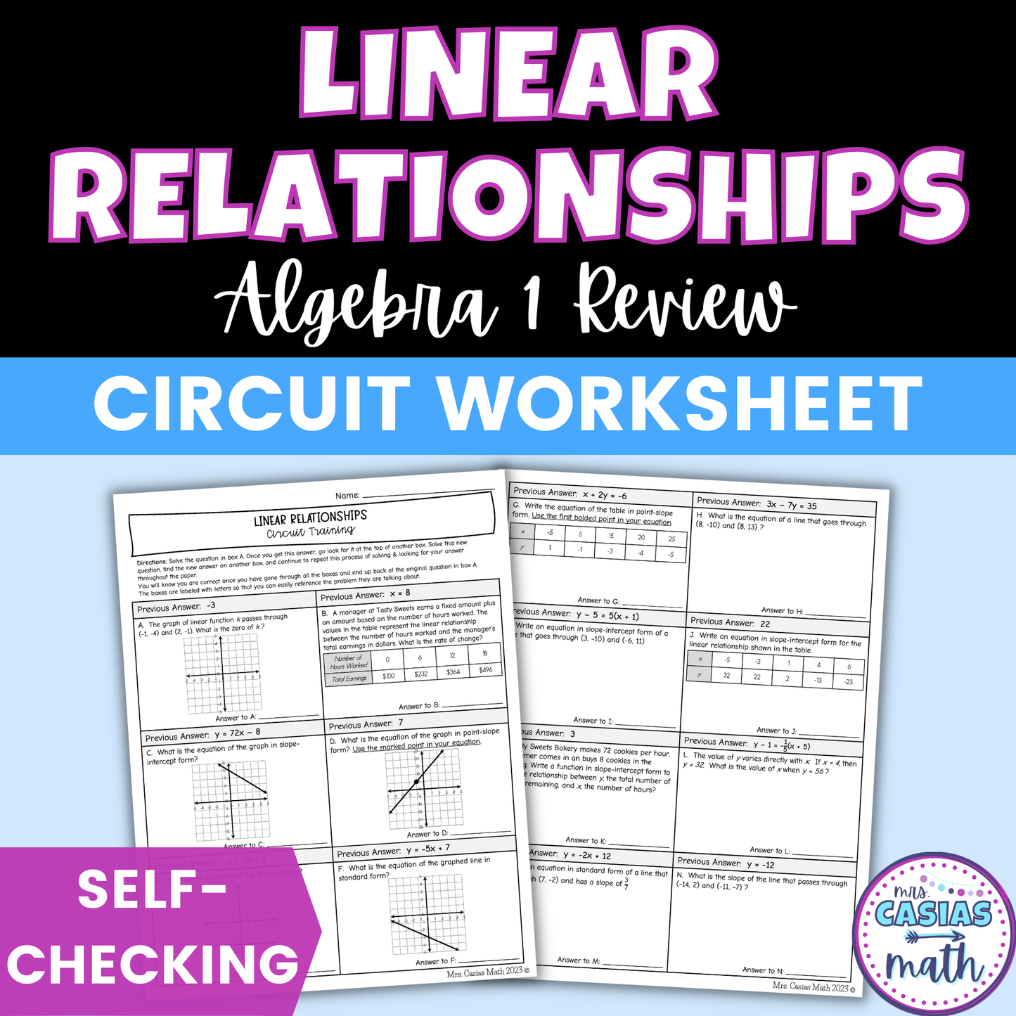 Linear Relationships Worksheet Self Checking Circuit Activity