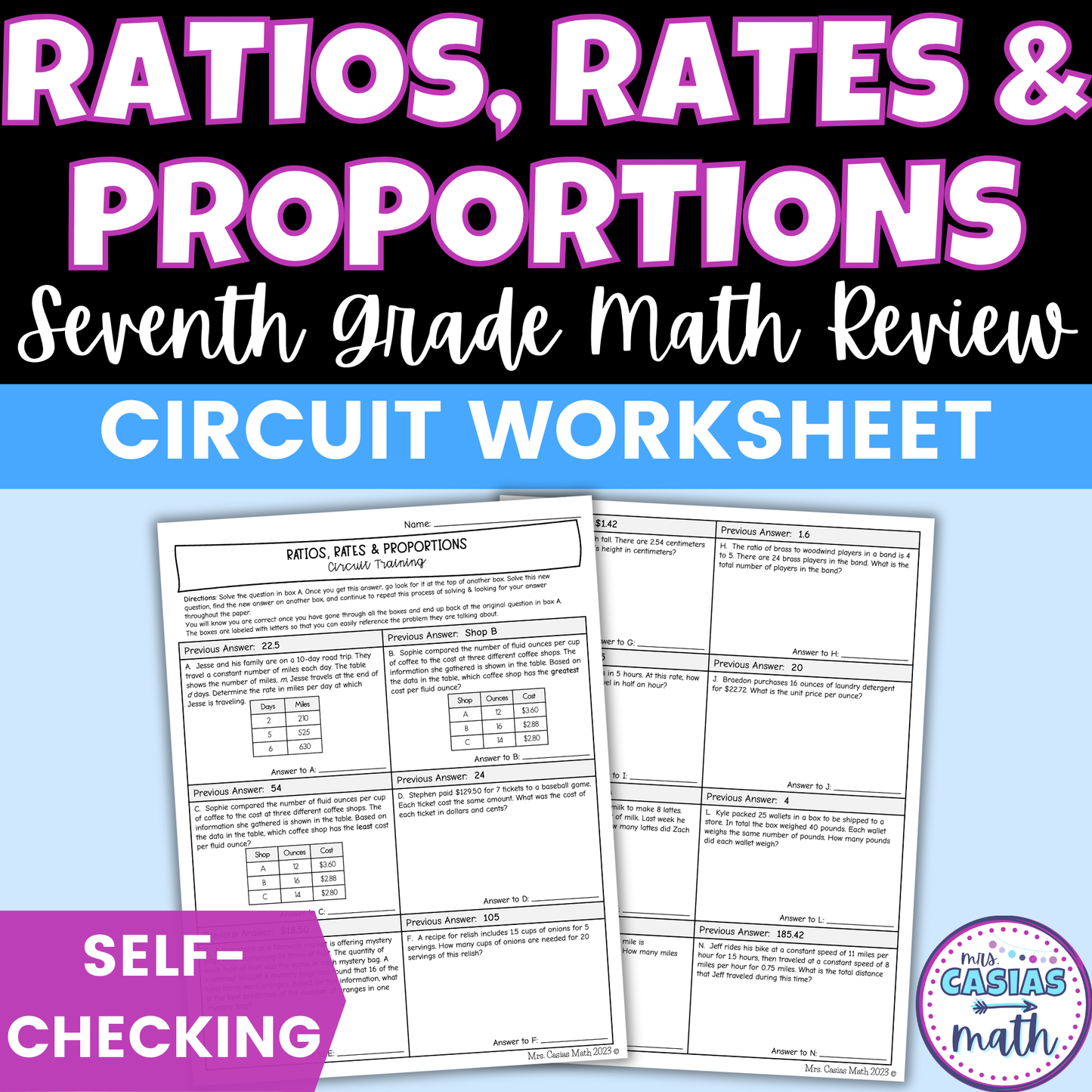 Ratios, Rates and Proportions Worksheet Self Checking Activity 7th Grade Math